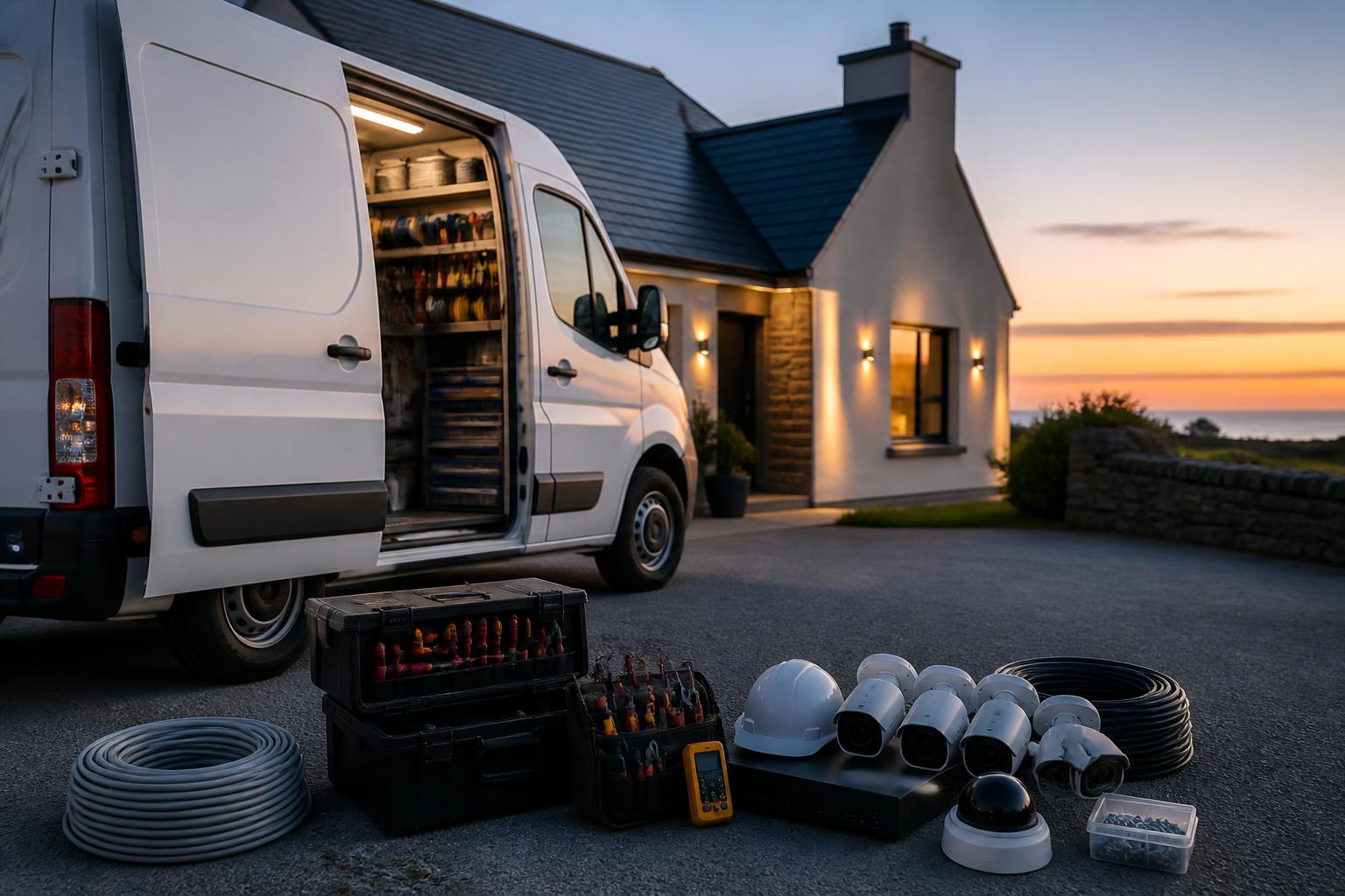 Smart Electric van with electrical and security equipment at an Irish home